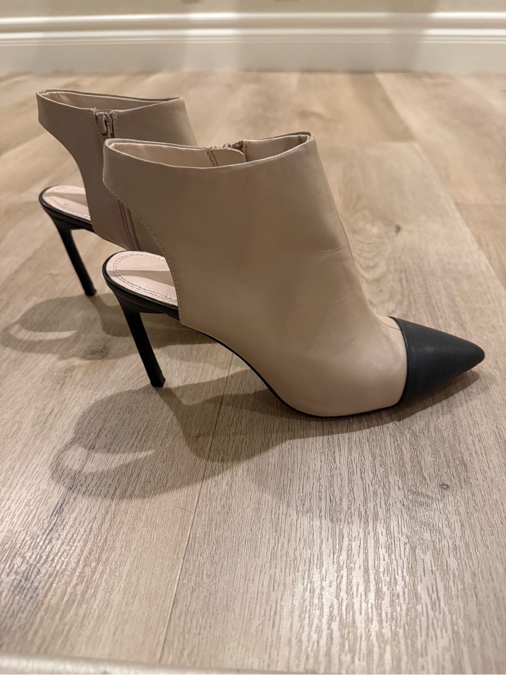 Zara Two-Tone Pointed Toe Slingback Booties in Beige and Black